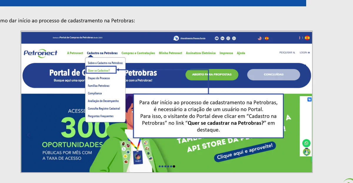Tela do Portal Petronect com o acesso ao Cadastro na Petrobras
