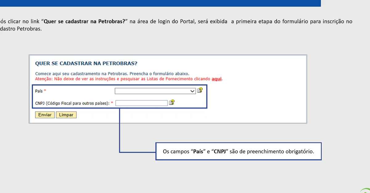 Formulário oficial da Petronect para informar país e CNPJ no início do cadastro
