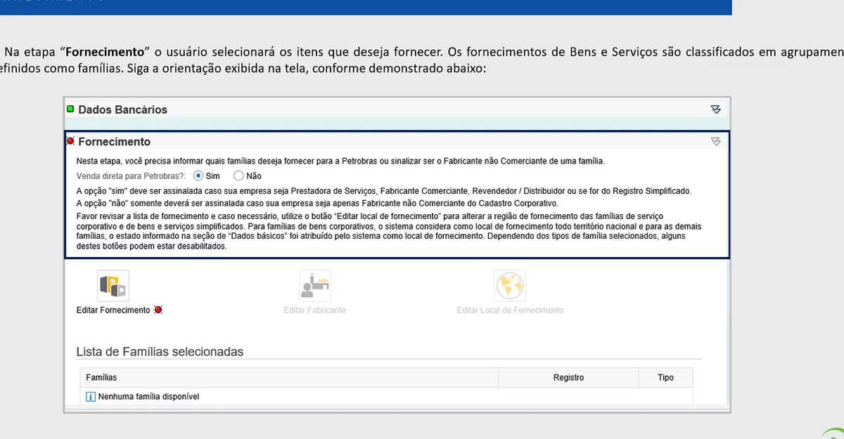 Tela oficial da Petronect com a etapa de fornecimento e a opção Editar Fornecimento