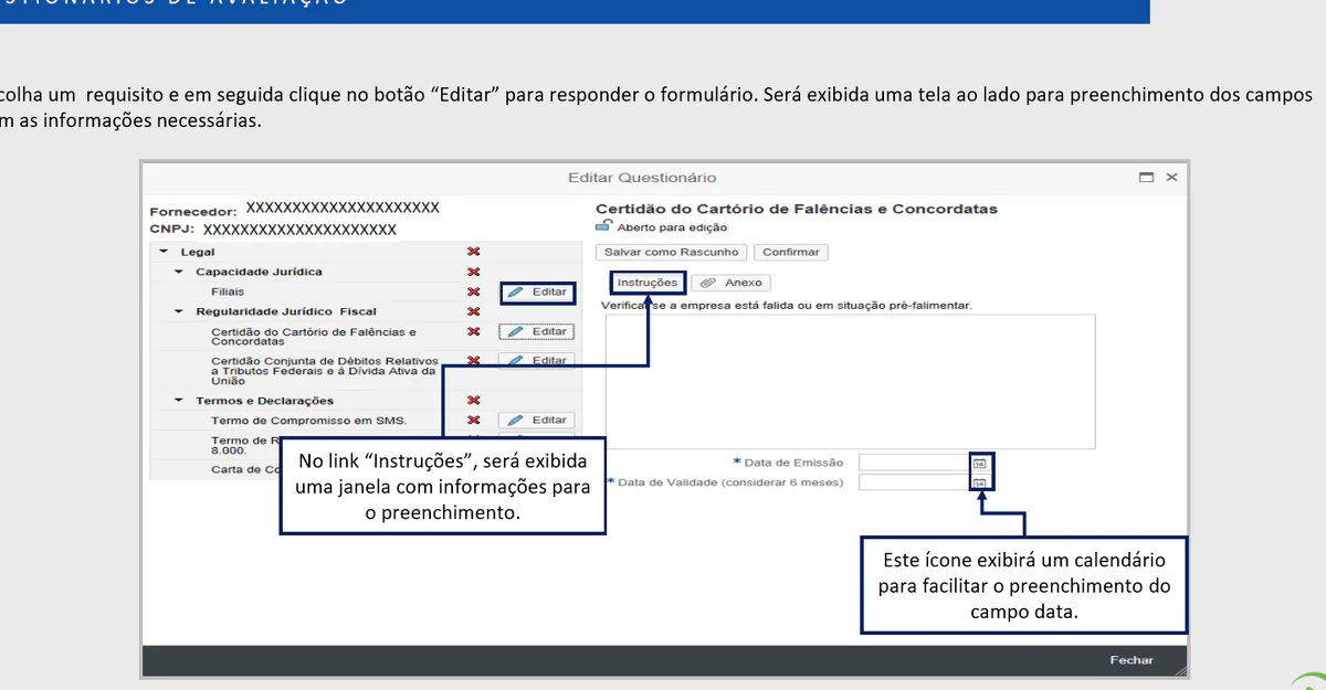Tela oficial da Petronect com questionário incompleto e a ação para responder