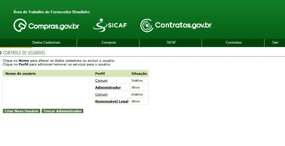 Tela de Dados Cadastrais e Controle de Usuários com a opção Criar Novo Usuário