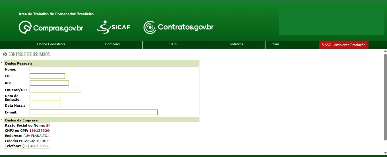 Formulário do Compras.gov.br para criar novo usuário com campos pessoais