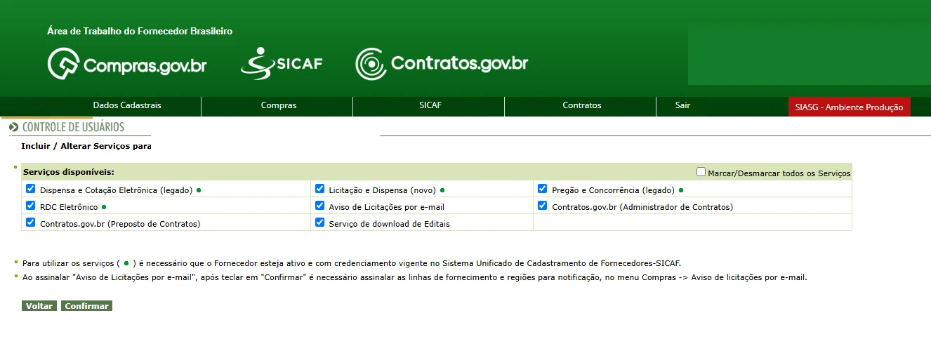 Tela de configuração de perfil e serviços de um usuário no Compras.gov.br