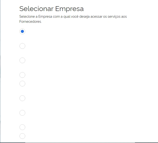 Tela de seleção de empresa disponível para um CPF no Compras.gov.br